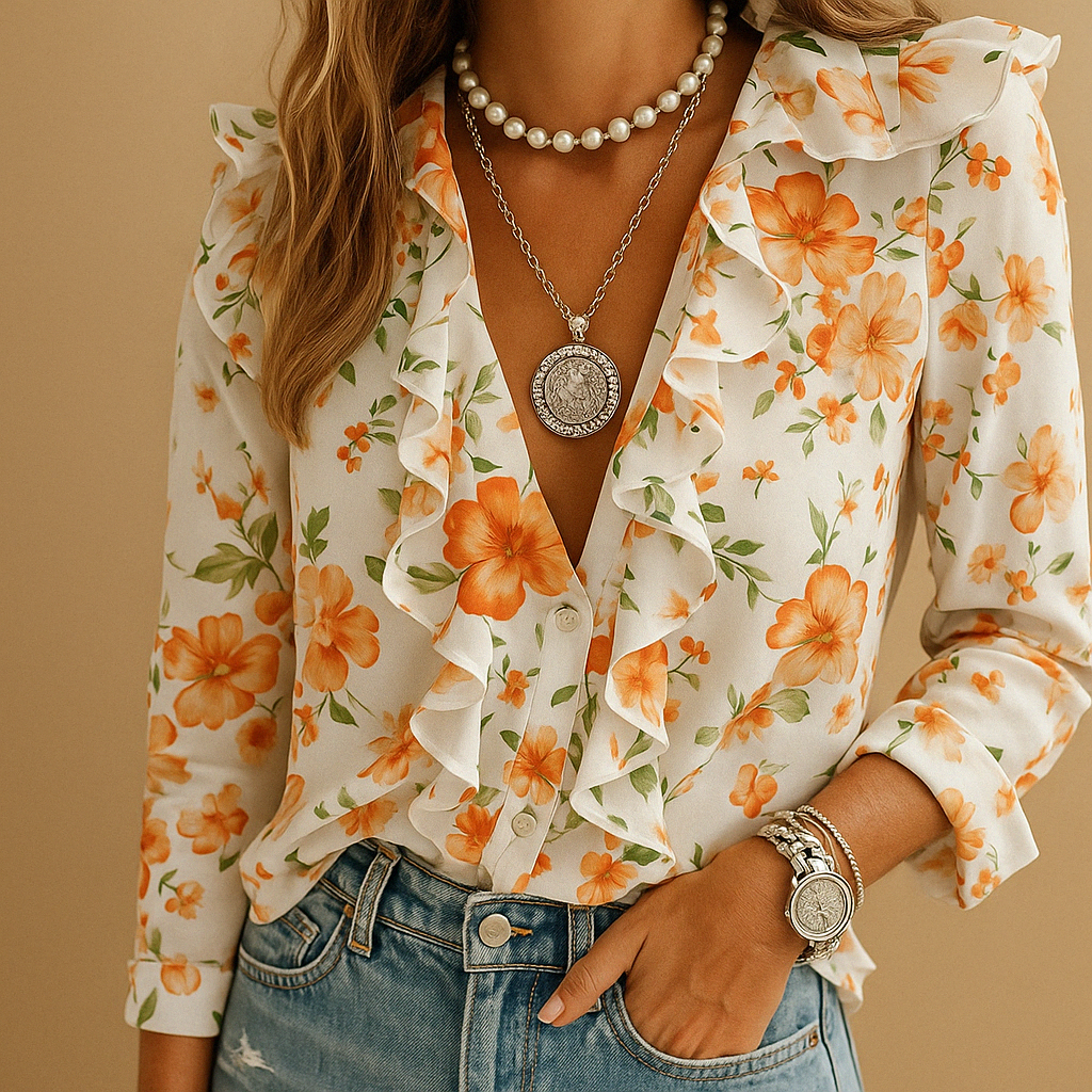 Blouse met ruches dames en luchtige print met lange mouw | Merel