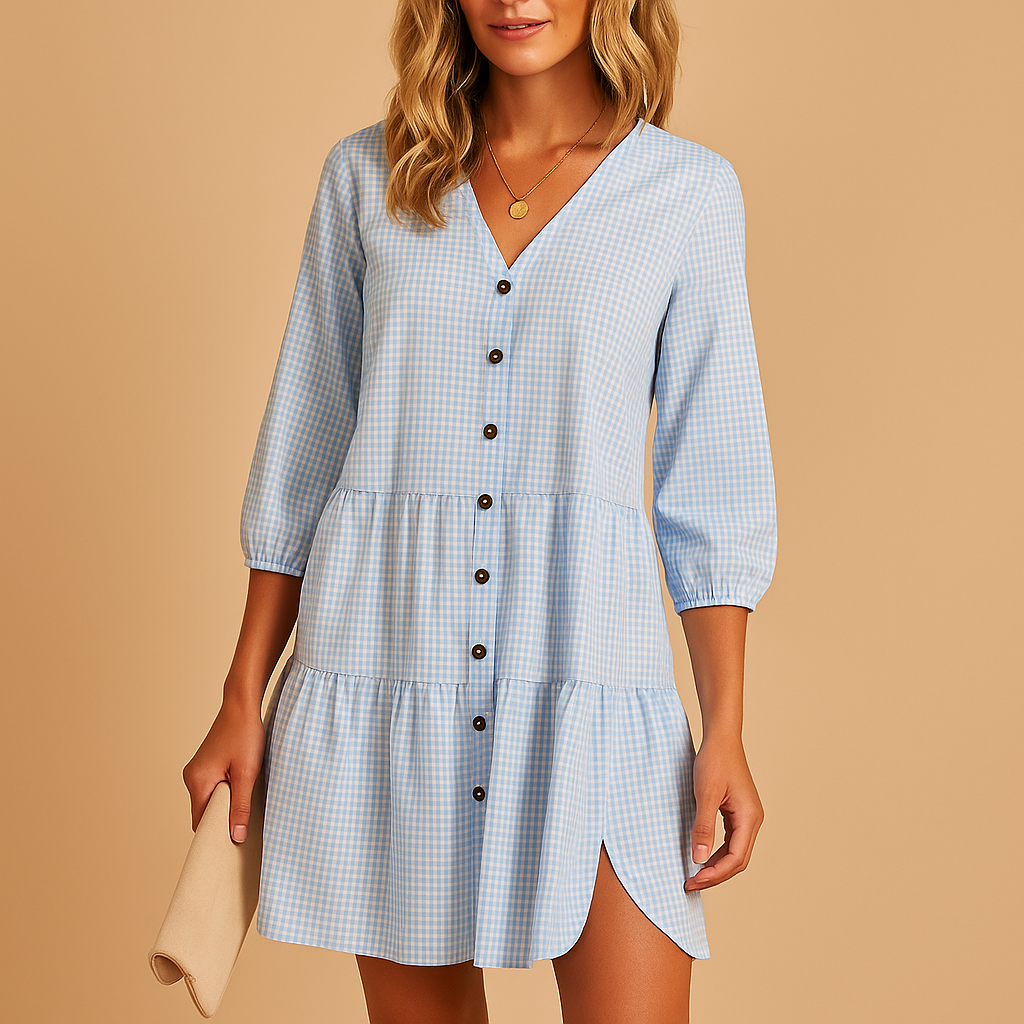 Stijlvolle blauwe midi zomerjurk met driekwart mouwen voor dames | Elin