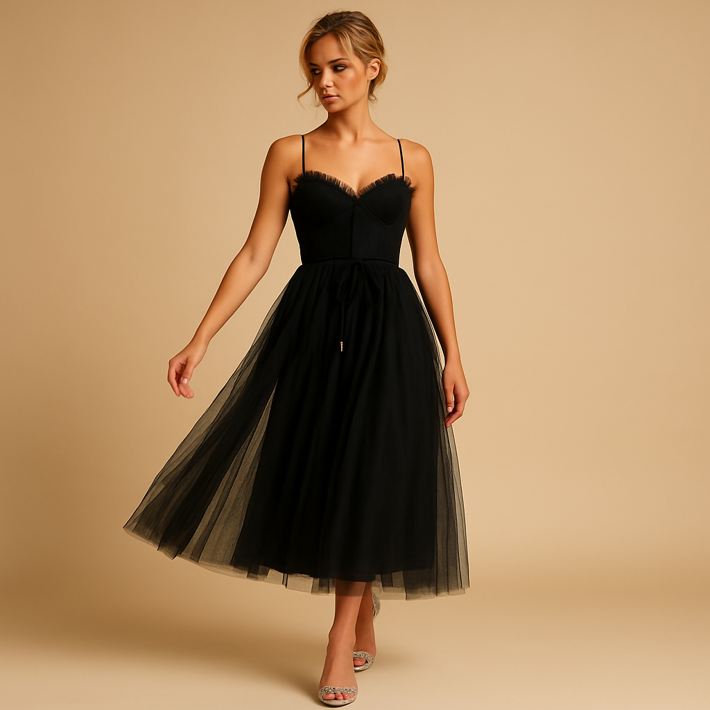 Chiffon maxi-jurk zonder mouwen met tulelaag voor dames | Elodie