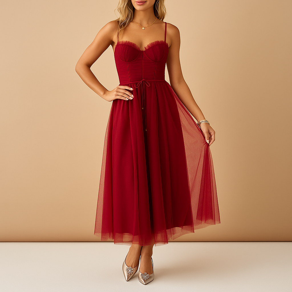 Chiffon maxi-jurk zonder mouwen met tulelaag voor dames | Elodie