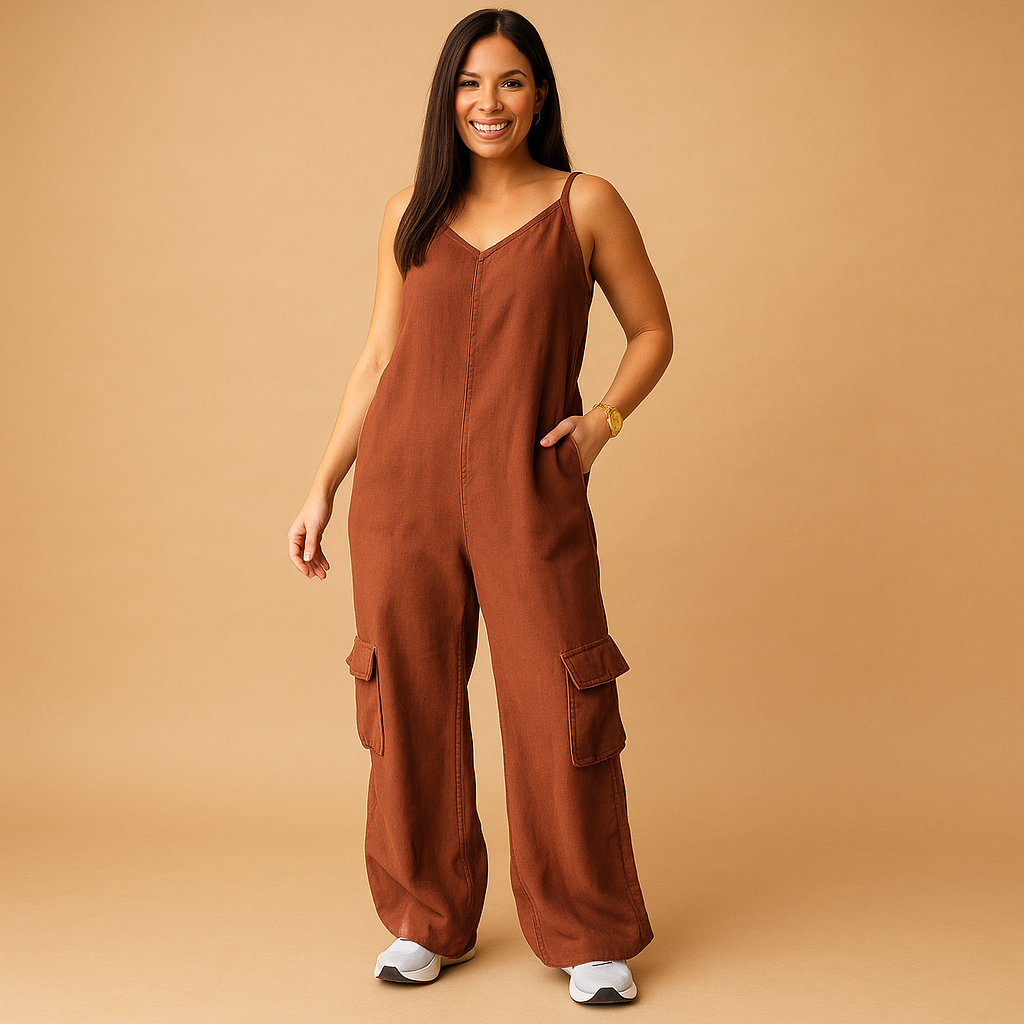 Denim jumpsuit met V-hals en open rug voor dames | Valerie