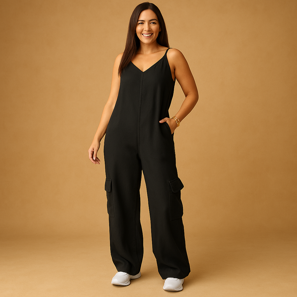 Denim jumpsuit met V-hals en open rug voor dames | Valerie