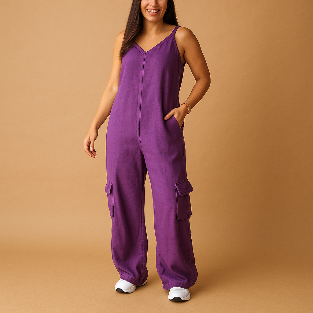 Denim jumpsuit met V-hals en open rug voor dames | Valerie