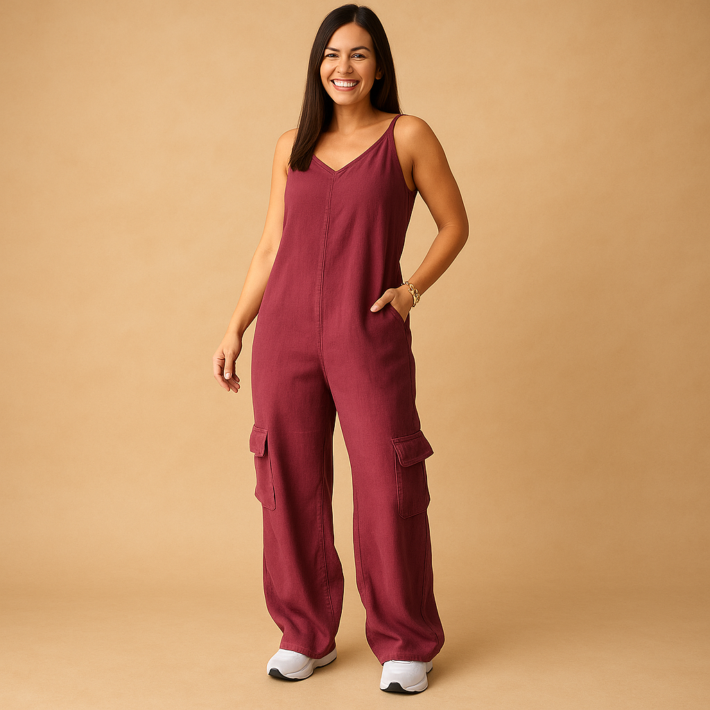 Denim jumpsuit met V-hals en open rug voor dames | Valerie