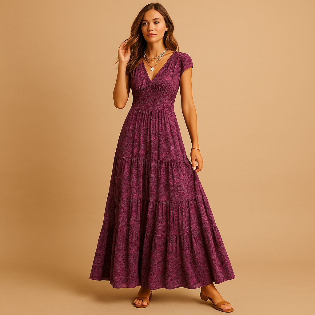 Bloemenprint maxi-jurk met rucheskraag voor dames | Fenna