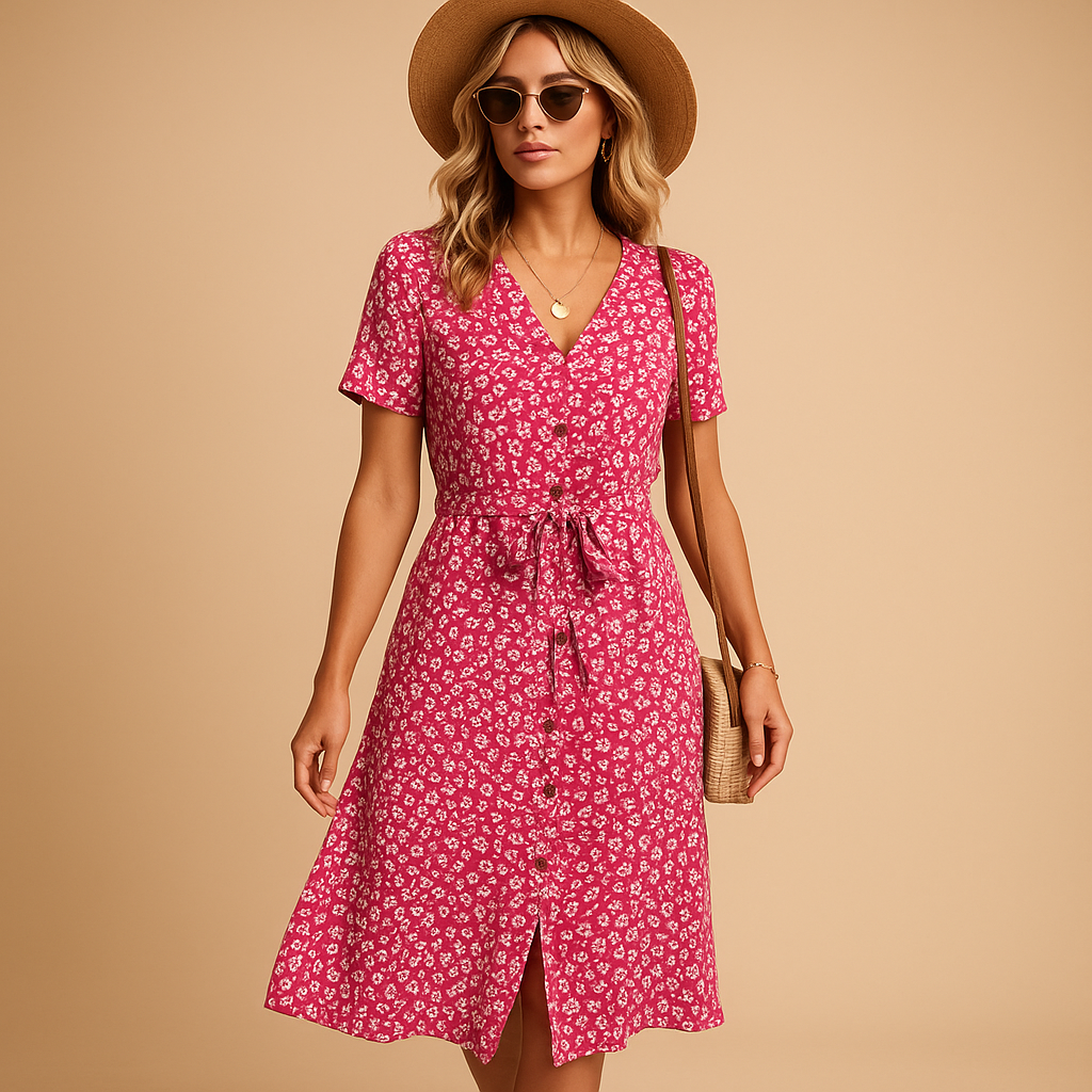 Bloemenprint midi-jurk met korte mouwen voor dames | Fleur