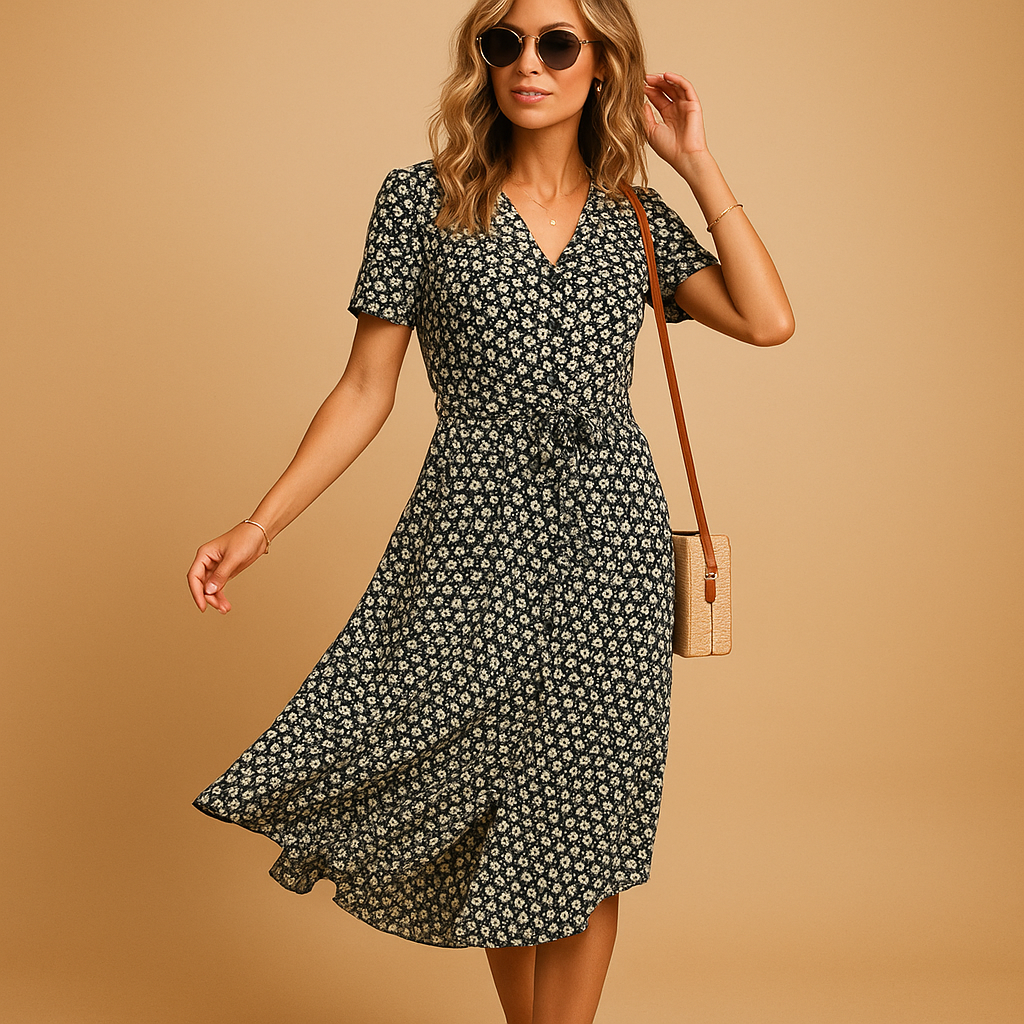 Bloemenprint midi-jurk met korte mouwen voor dames | Fleur
