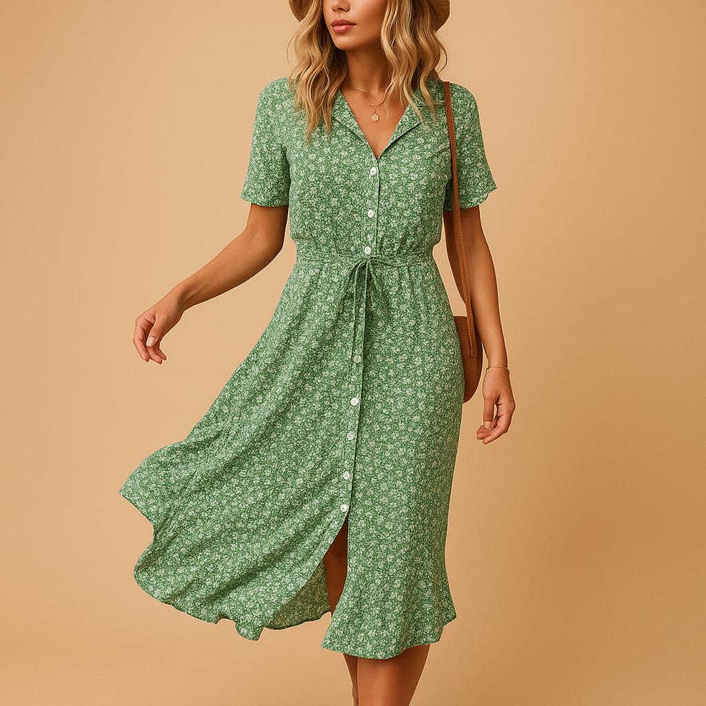 Bloemenprint midi-jurk met korte mouwen voor dames | Fleur