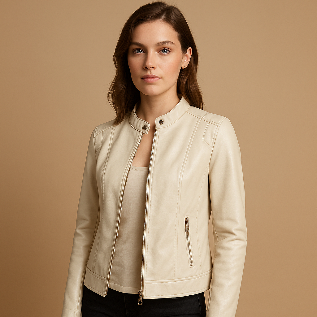 Leren bikerjas met rits en kraag voor dames | Sanne