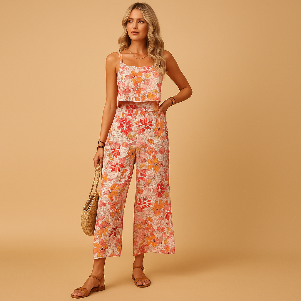 Mouwloze bloemen jumpsuit met vierkante hals voor dames | Carenza